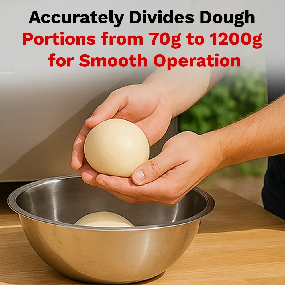 BakeMax Titan Series countertop dough ball rounder with stainless steel housing, safety guard, and adjustable settings for dough portion rounding.