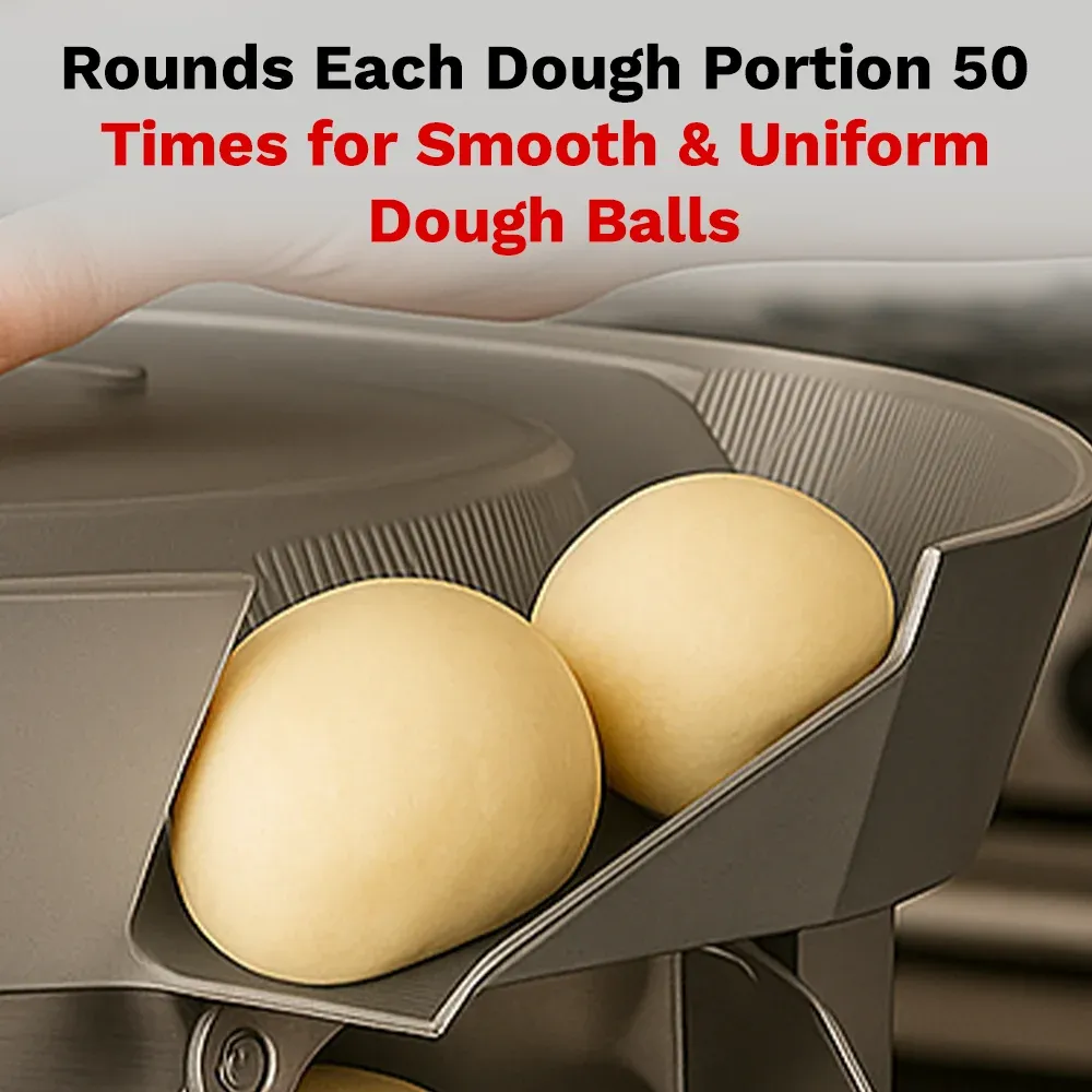 BakeMax Titan Series dough ball rounder with stainless steel frame, floor-standing build, and adjustable high-volume rounding capacity for bakeries.