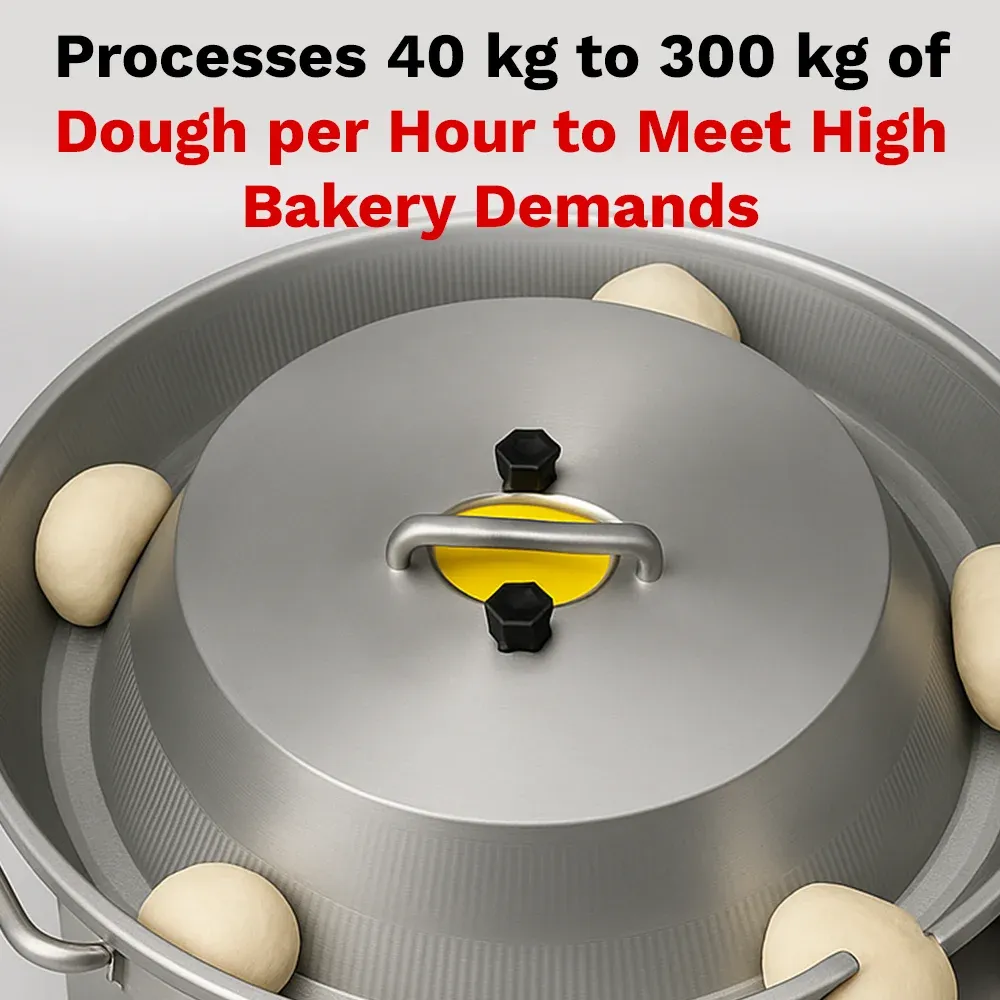 BakeMax Titan Series dough ball rounder with stainless steel frame, floor-standing build, and adjustable high-volume rounding capacity for bakeries.