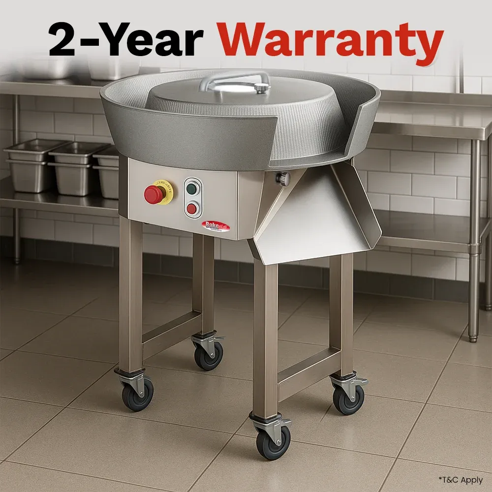 BakeMax Titan Series dough ball rounder with stainless steel frame, floor-standing build, and adjustable high-volume rounding capacity for bakeries.