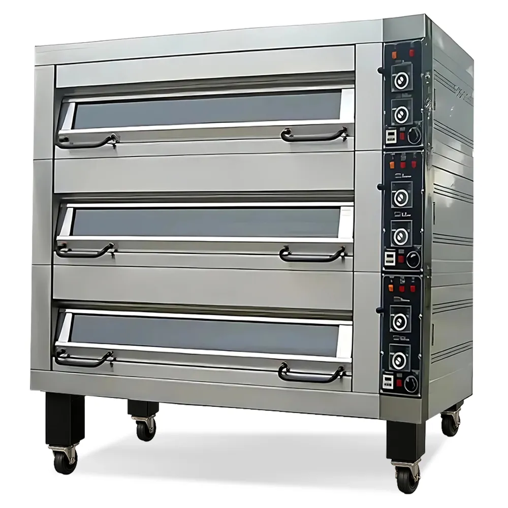 Stainless steel four-deck electric oven with control panels and wheels fits eight large pans, perfect for efficient commercial baking.