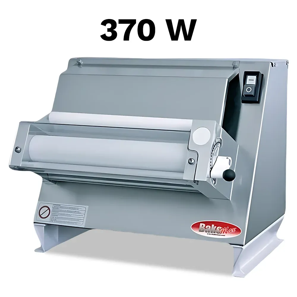 BakeMax Compact countertop dough sheeter with single-pass rollers and side handle, ideal for flattening dough in commercial kitchens and bakeries.