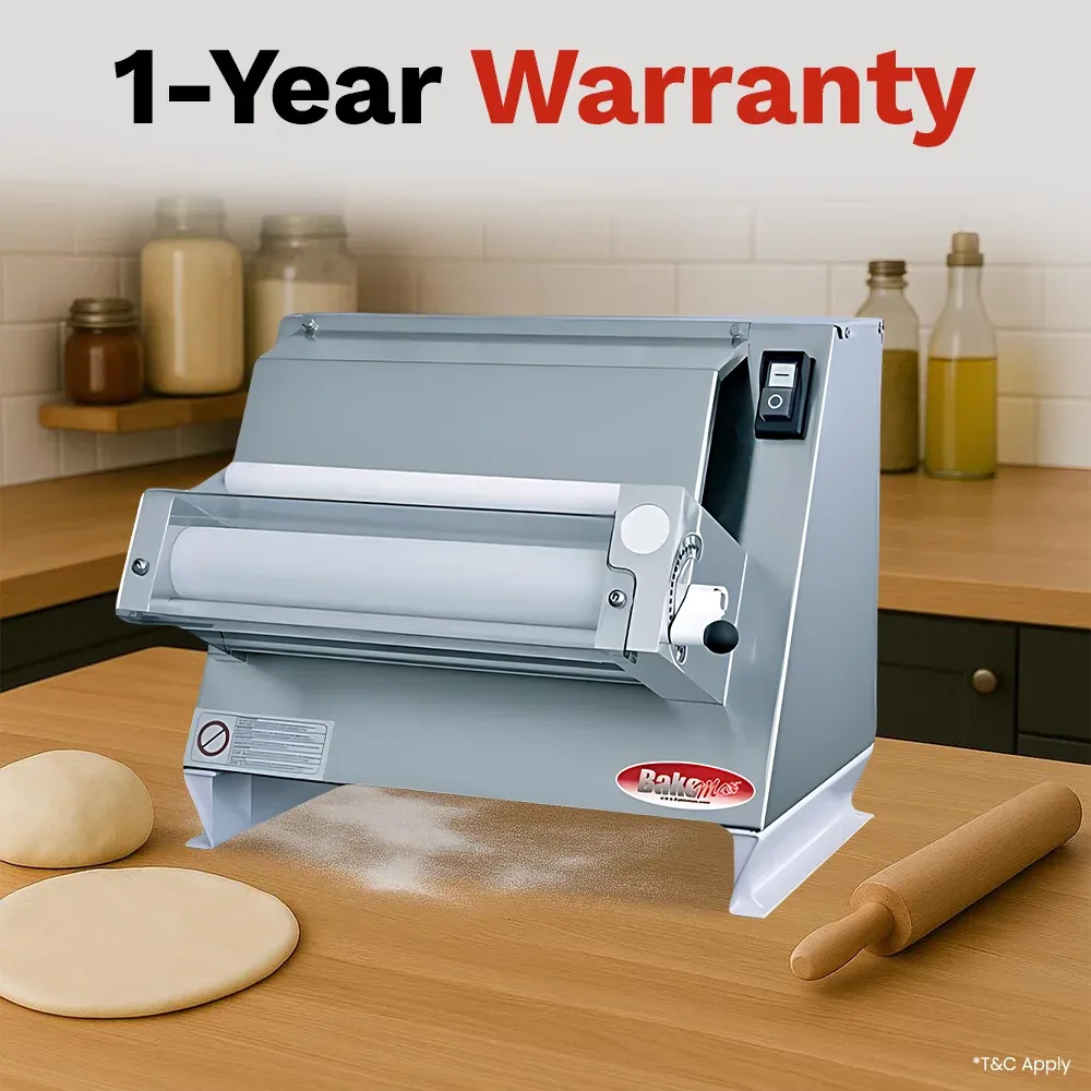 BakeMax Compact countertop dough sheeter with single-pass rollers and side handle, ideal for flattening dough in commercial kitchens and bakeries.