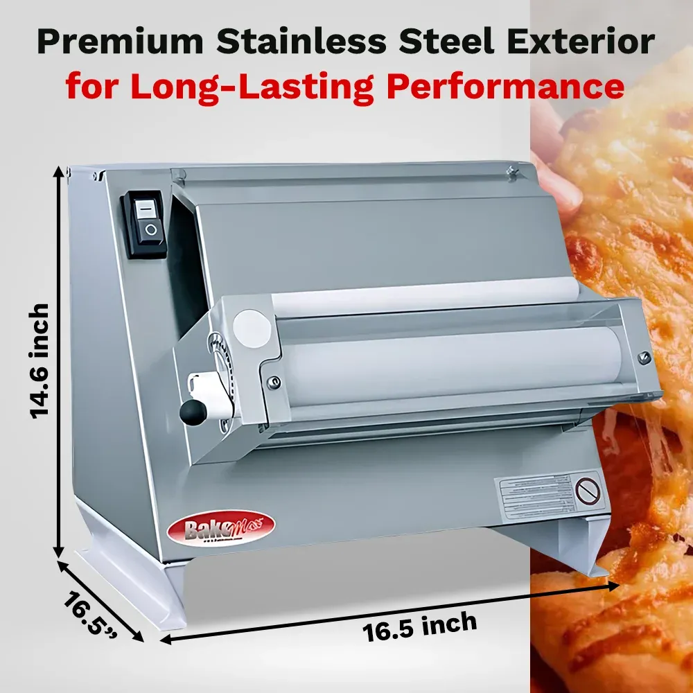 BakeMax Compact countertop dough sheeter with single-pass rollers and side handle, ideal for flattening dough in commercial kitchens and bakeries.