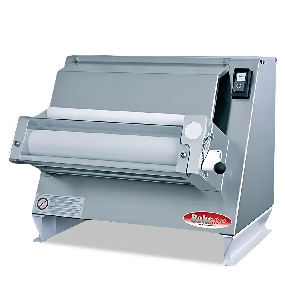 BakeMax Compact countertop dough sheeter with single-pass rollers and side handle, ideal for flattening dough in commercial kitchens and bakeries.
