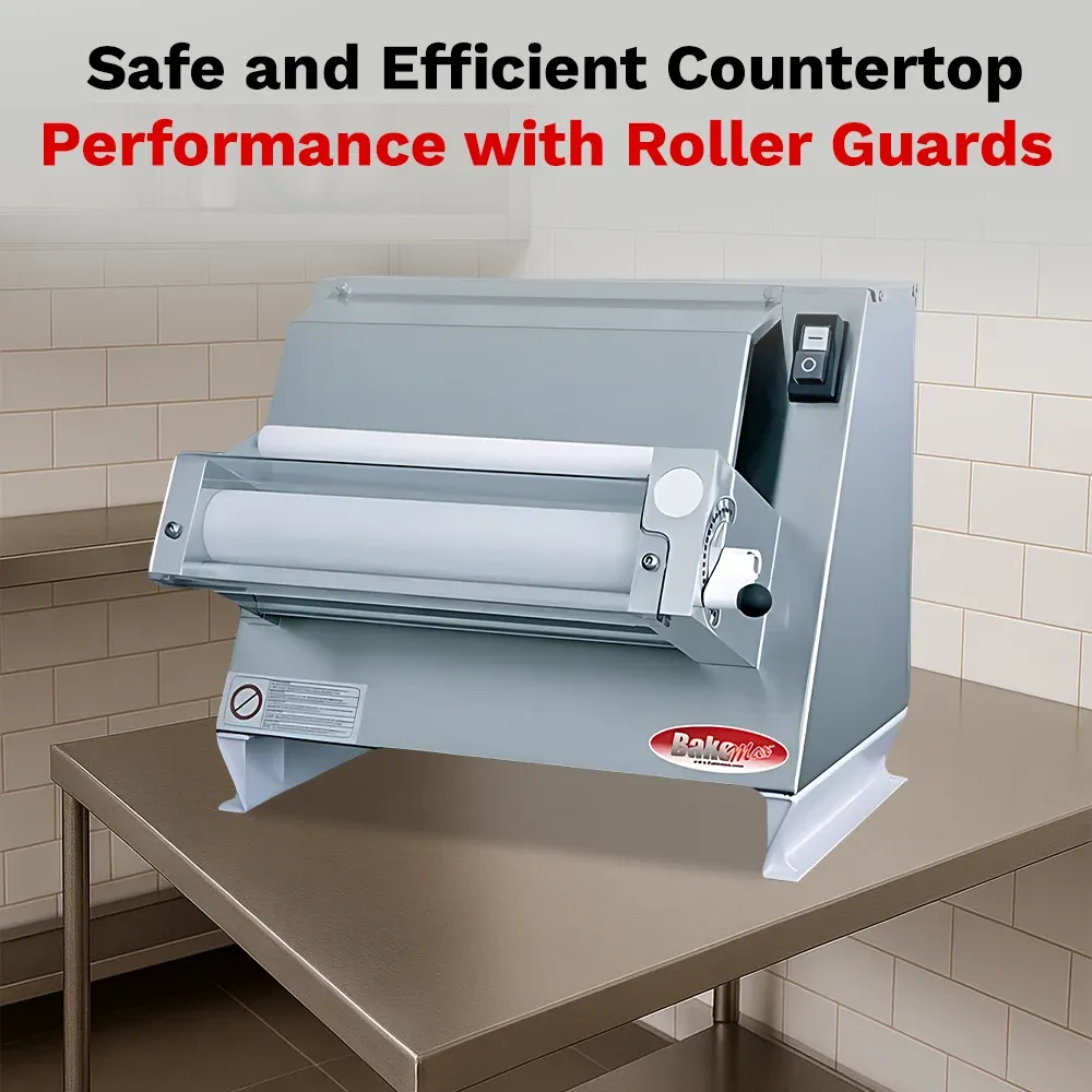 BakeMax Single-pass dough sheeter with compact countertop design, quiet motor, consistent dough thickness, easy to clean for pastry and bakery use.