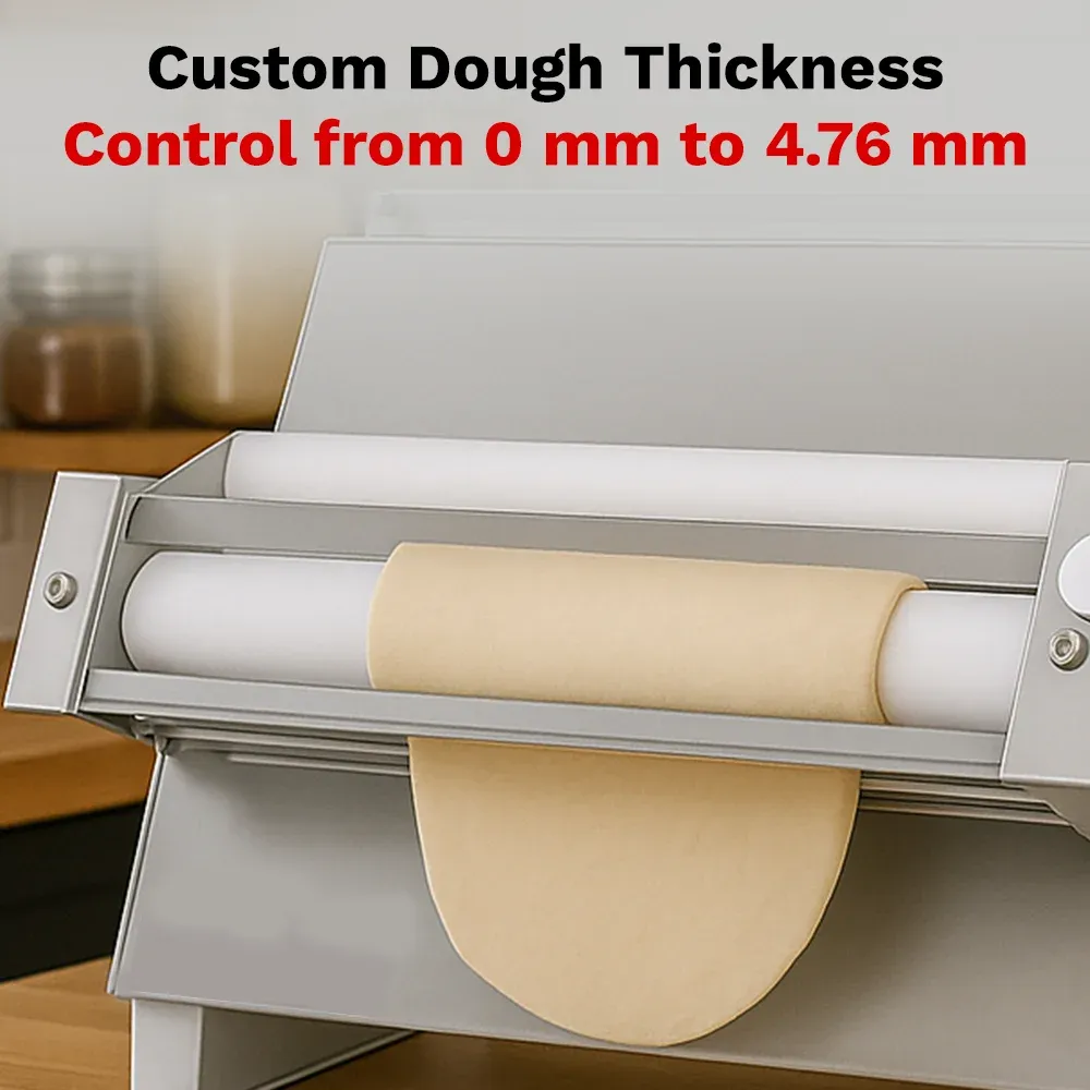 BakeMax Single-pass dough sheeter with compact countertop design, quiet motor, consistent dough thickness, easy to clean for pastry and bakery use.
