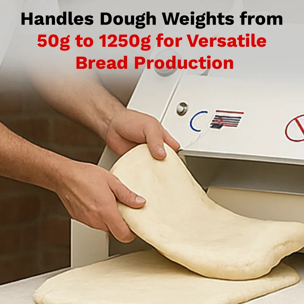 BakeMax Titan Series 39-inch French bread moulder with stainless steel rollers, heavy-duty frame, and floor design ideal for bakeries and bread shops.