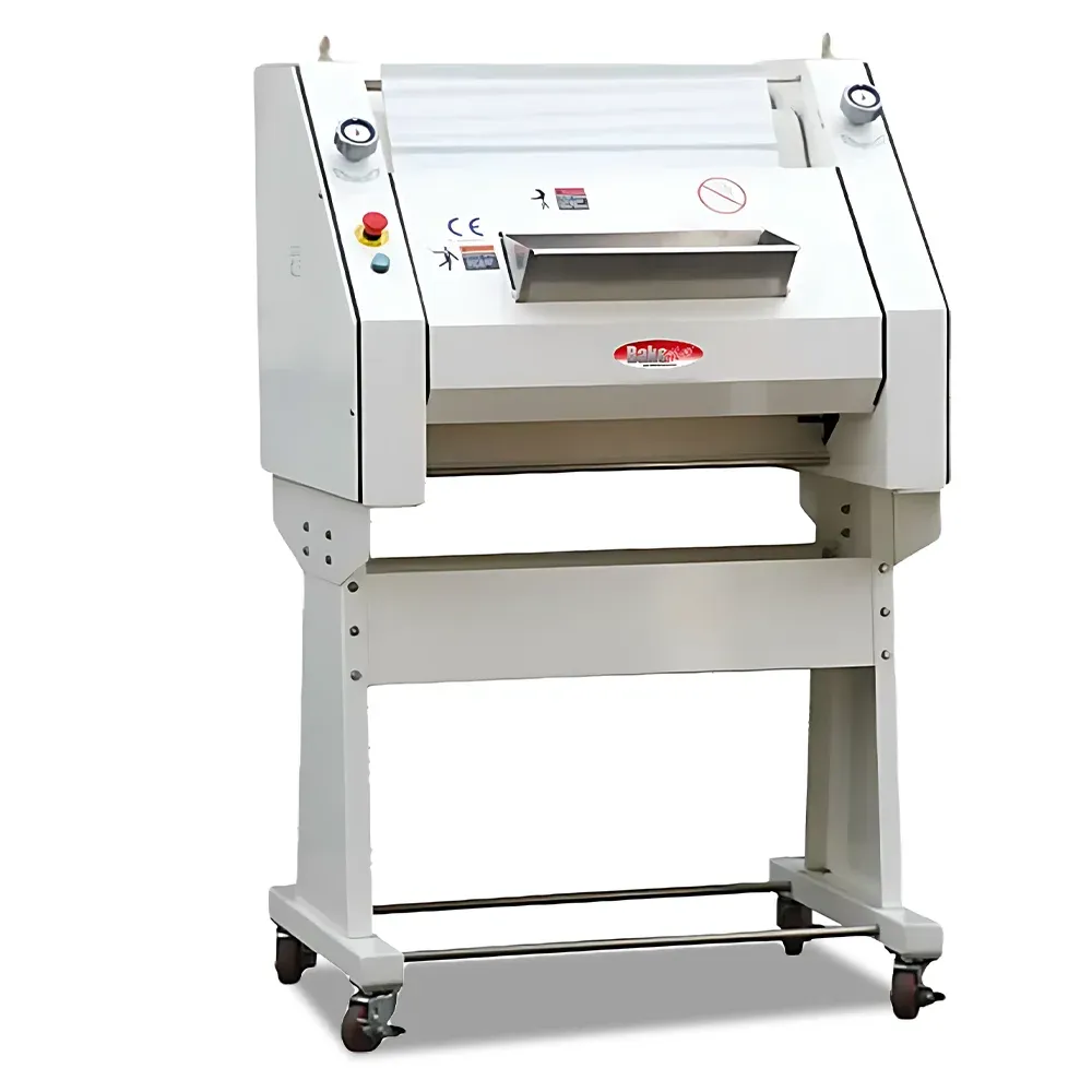 BakeMax Titan Series 39-inch French bread moulder with stainless steel rollers, heavy-duty frame, and floor design ideal for bakeries and bread shops.