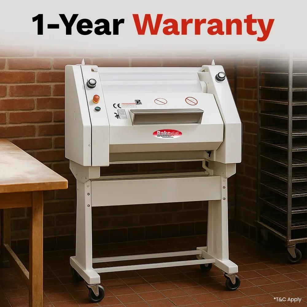 BakeMax Titan Series 39-inch French bread moulder with stainless steel rollers, heavy-duty frame, and floor design ideal for bakeries and bread shops.