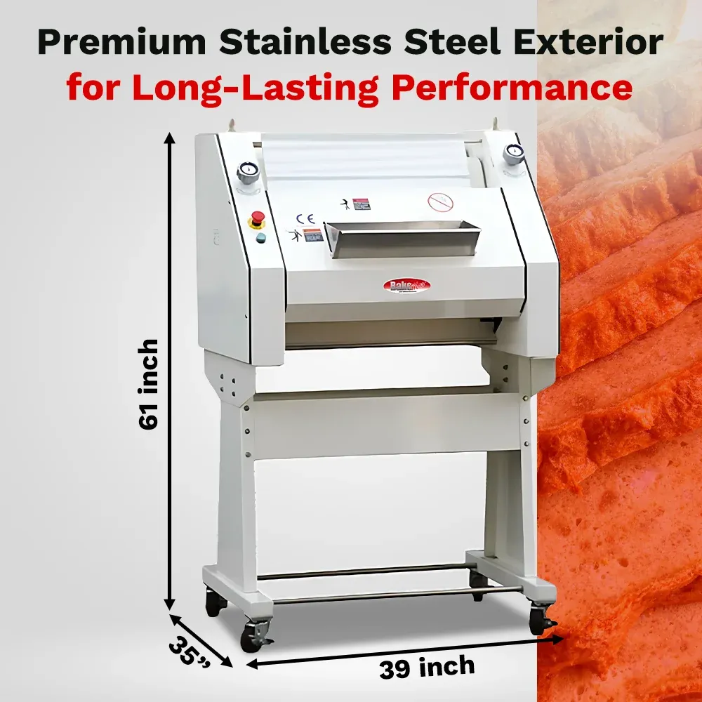BakeMax Titan Series 39-inch French bread moulder with stainless steel rollers, heavy-duty frame, and floor design ideal for bakeries and bread shops.