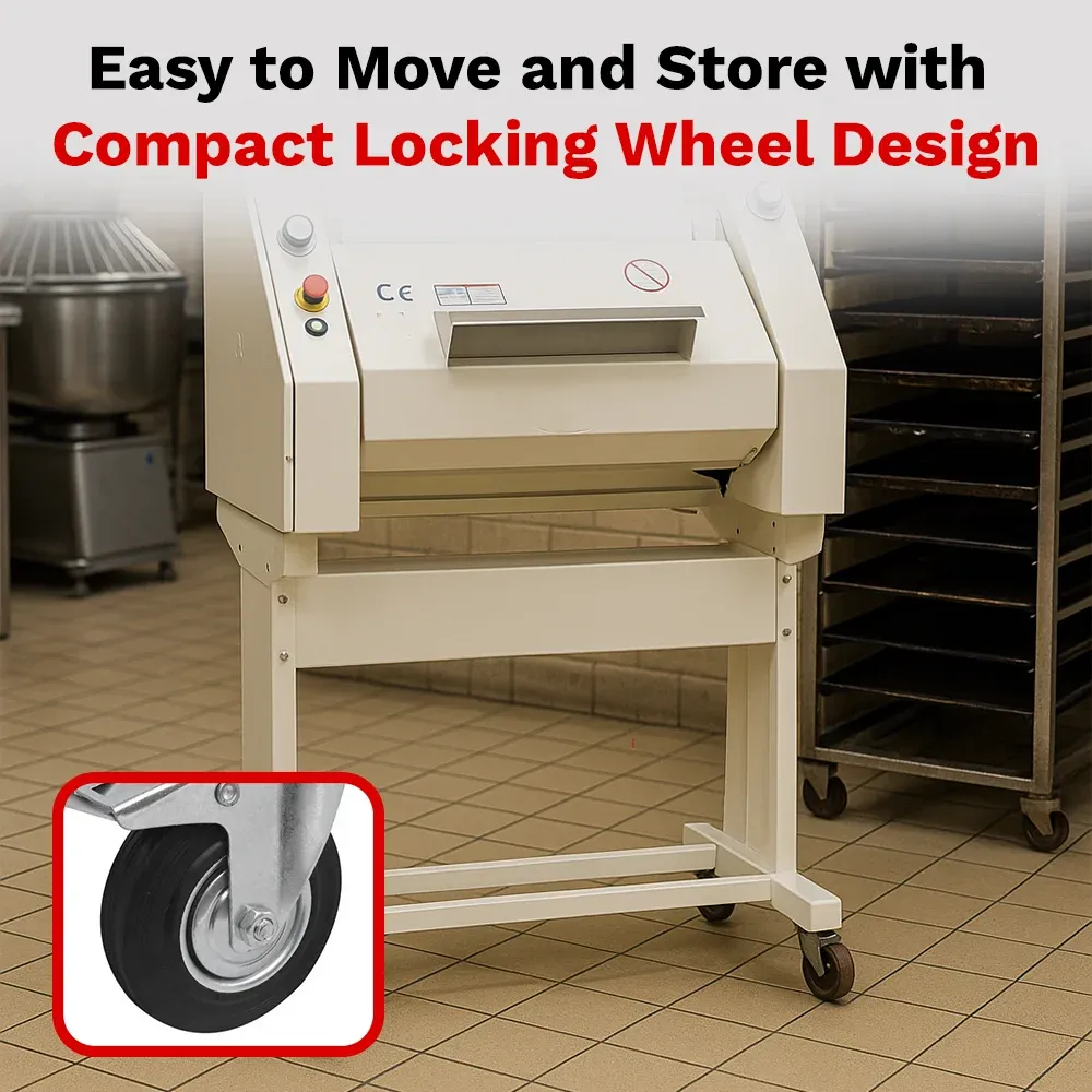 BakeMax Titan Series 39-inch French bread moulder with stainless steel rollers, heavy-duty frame, and floor design ideal for bakeries and bread shops.