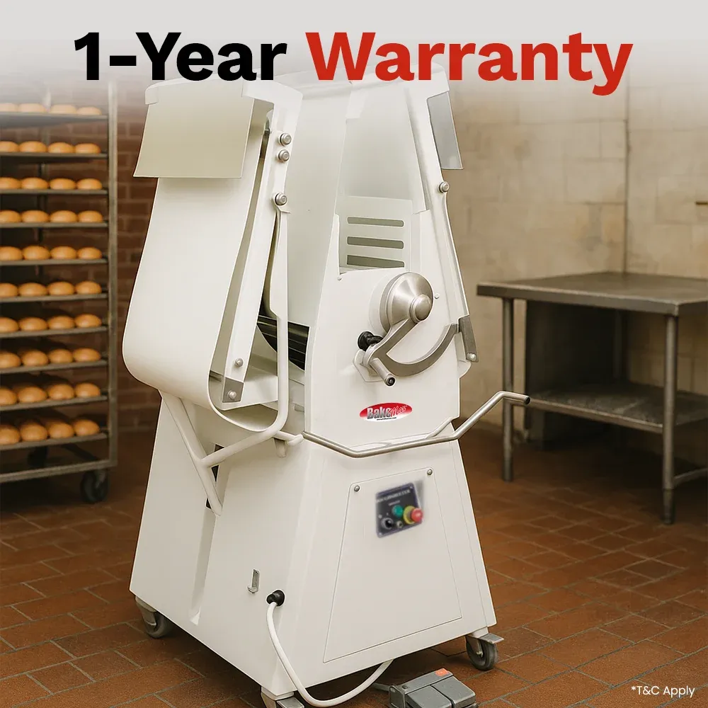 BakeMax Floor dough sheeter with reversible stainless rollers, single phase power, compact and reliable, perfect for bakery and pastry operations.