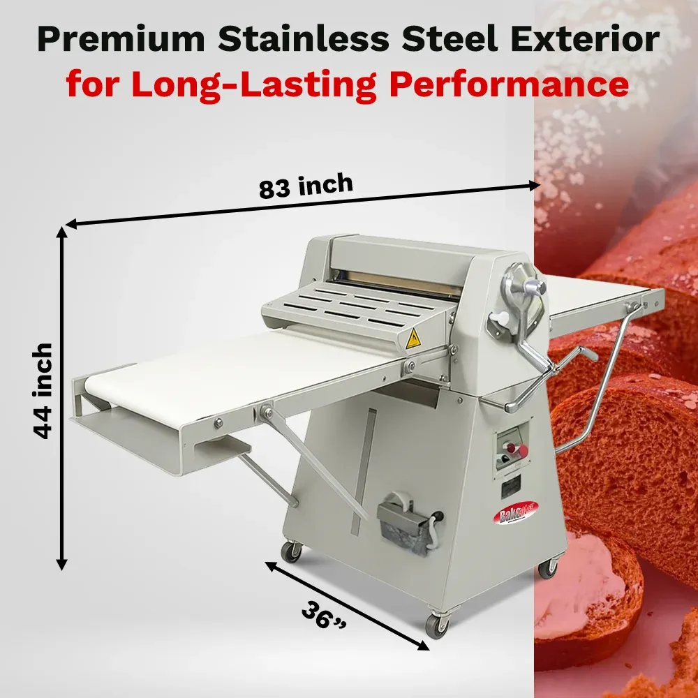 BakeMax Floor dough sheeter with reversible rollers, compact design, adjustable thickness and easy to clean, ideal for pizza and pastry kitchens.