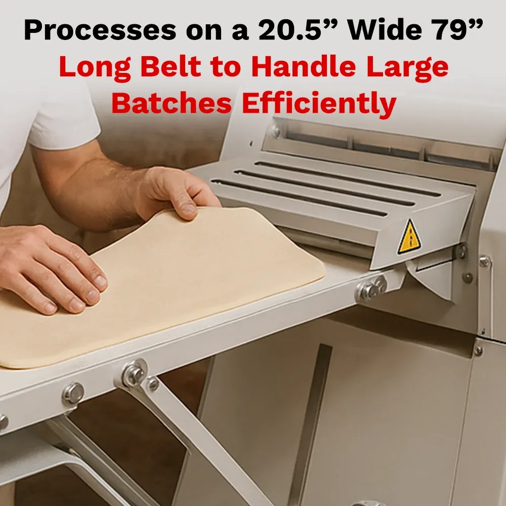 BakeMax Floor dough sheeter with reversible rollers, compact design, adjustable thickness and easy to clean, ideal for pizza and pastry kitchens.