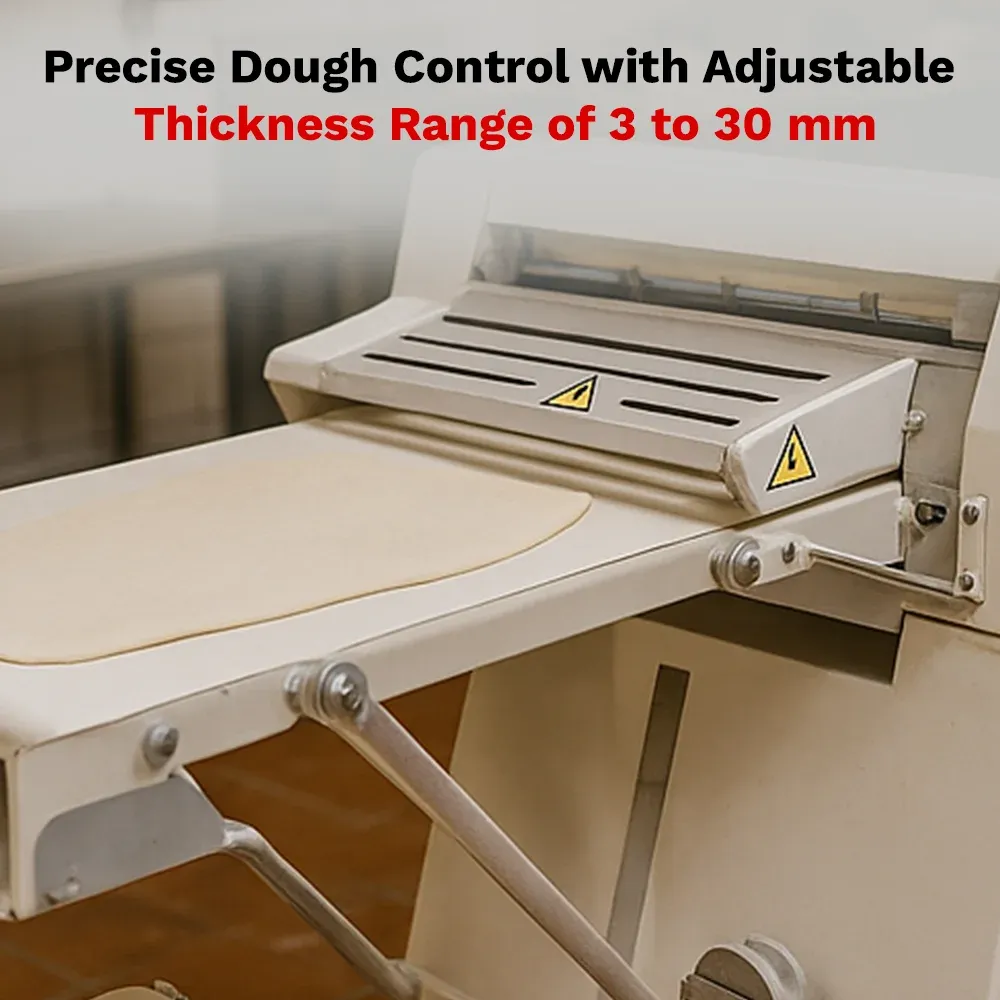 BakeMax Floor dough sheeter with reversible stainless rollers, adjustable thickness,high output, easy cleaning, durable bakery equipment for heavy use