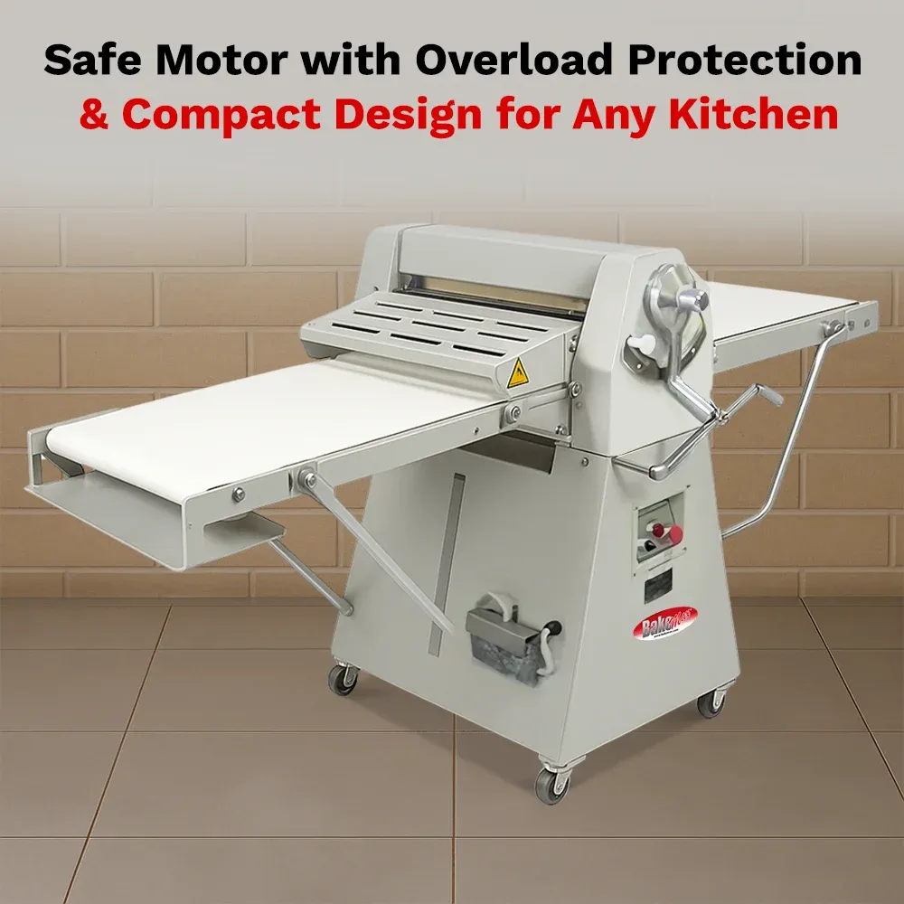 BakeMax Floor dough sheeter with reversible stainless rollers, adjustable thickness,high output, easy cleaning, durable bakery equipment for heavy use