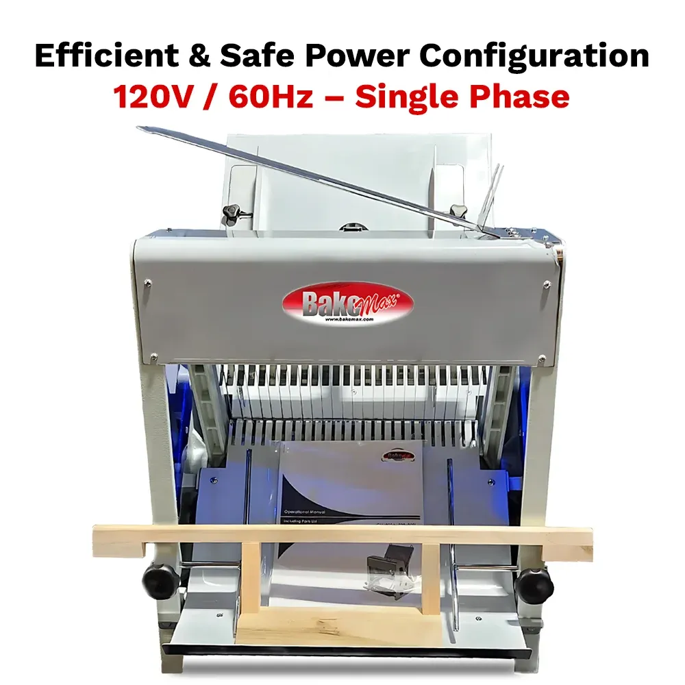 BakeMax Titan Series 30-inch countertop bread slicer with stainless steel frame, compact design, and gravity feed slicing system for fresh bread.