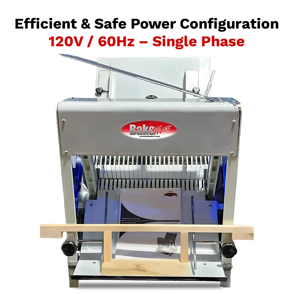 BakeMax BMGF001-3 Commercial Gravity feed bread slicer, countertop style with stainless construction, gravity feed, Titan Series.