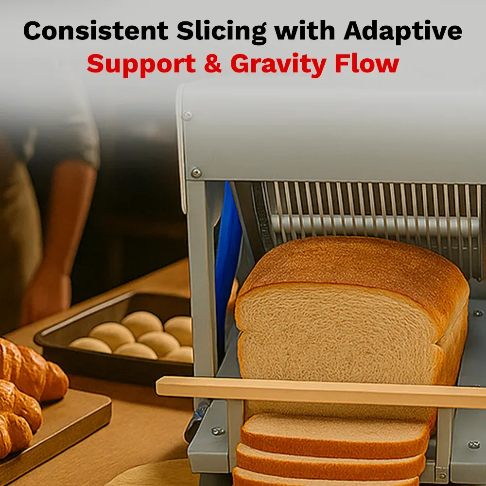 BakeMax BMGF001-3 Commercial Gravity feed bread slicer, countertop style with stainless construction, gravity feed, Titan Series.