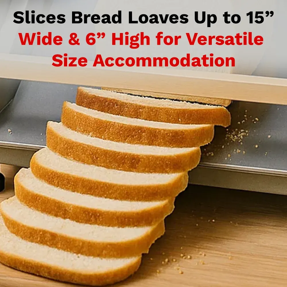 BakeMax BMGF001-3 Commercial Gravity feed bread slicer, countertop style with stainless construction, gravity feed, Titan Series.