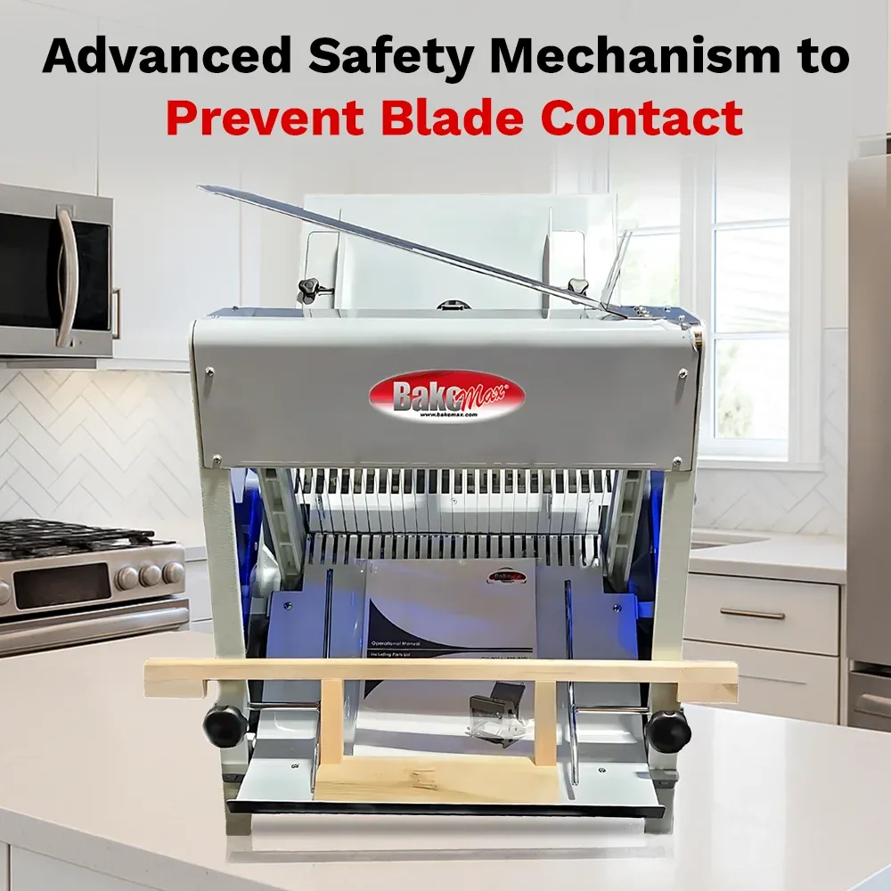 BakeMax BMGF001-4  Titan Series Gravity feed bread slicer with countertop build, stainless housing and safety cover, 30-inch.