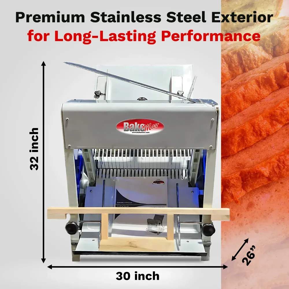 BakeMax BMGF001-6 Titan Series countertop bread slicer with stainless steel housing, gravity feed design, safety guard, and efficient bread slicing.