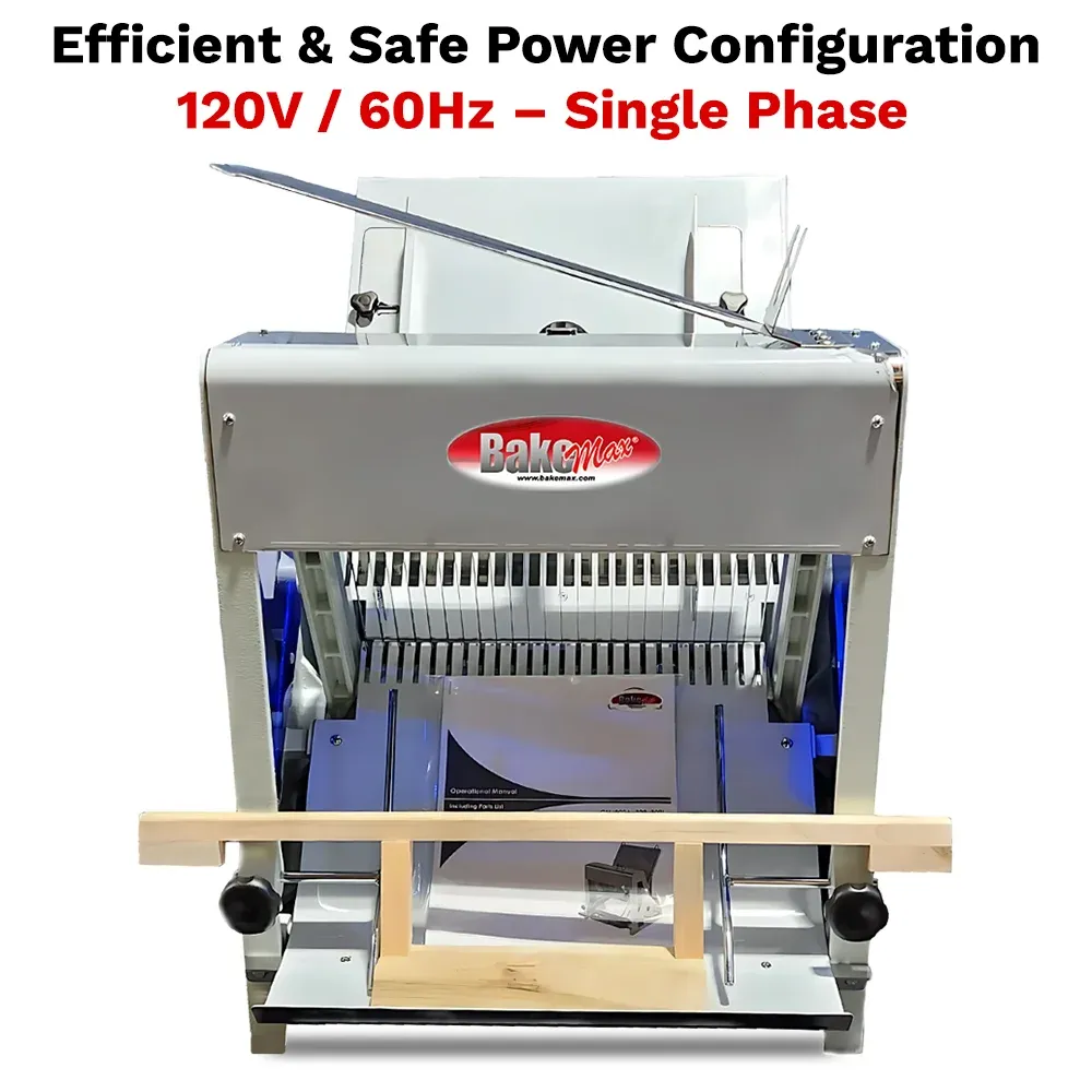 BakeMax BMGF001-6 Titan Series countertop bread slicer with stainless steel housing, gravity feed design, safety guard, and efficient bread slicing.