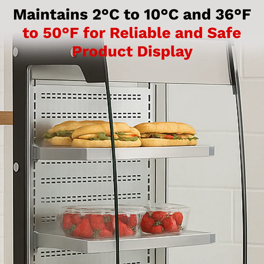 BakeMax 18-inch refrigerated floor display multiple shelves, designed for showcasing chilled food, drinks, and desserts in hotels or cafe