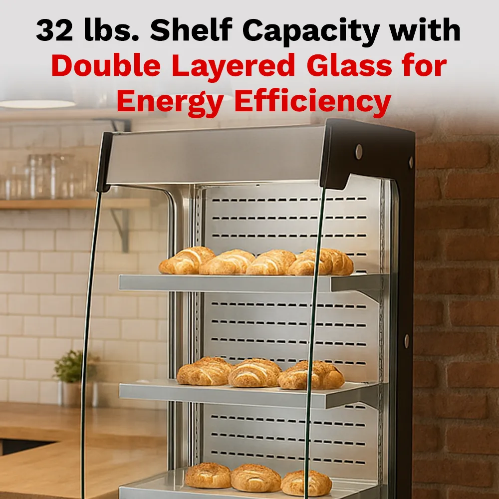 BakeMax 18-inch refrigerated floor display multiple shelves, designed for showcasing chilled food, drinks, and desserts in hotels or cafe