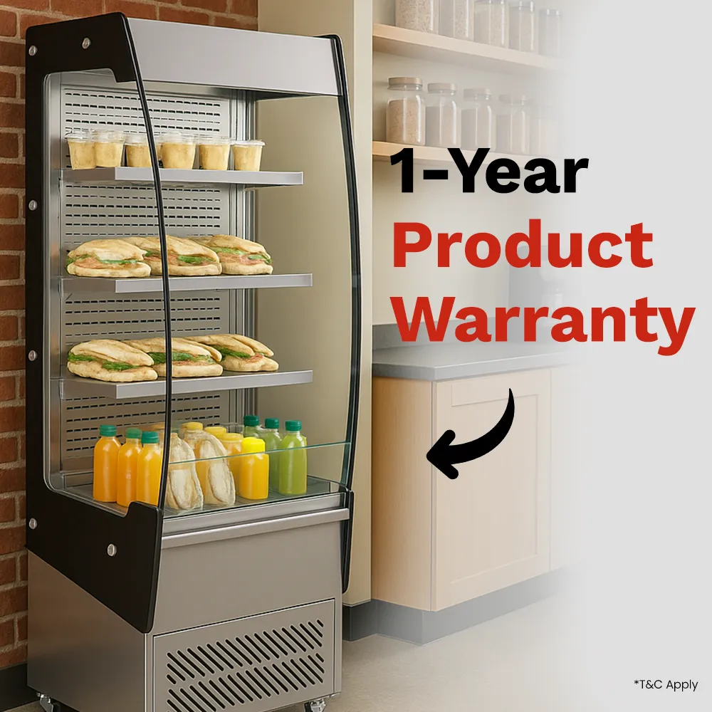 BakeMax 18-inch refrigerated floor display multiple shelves, designed for showcasing chilled food, drinks, and desserts in hotels or cafe