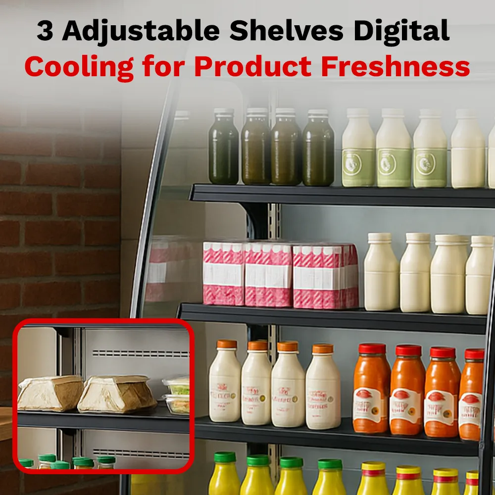 BakeMax 18-inch refrigerated floor display multiple shelves, designed for showcasing chilled food, drinks, and desserts in hotels or cafe