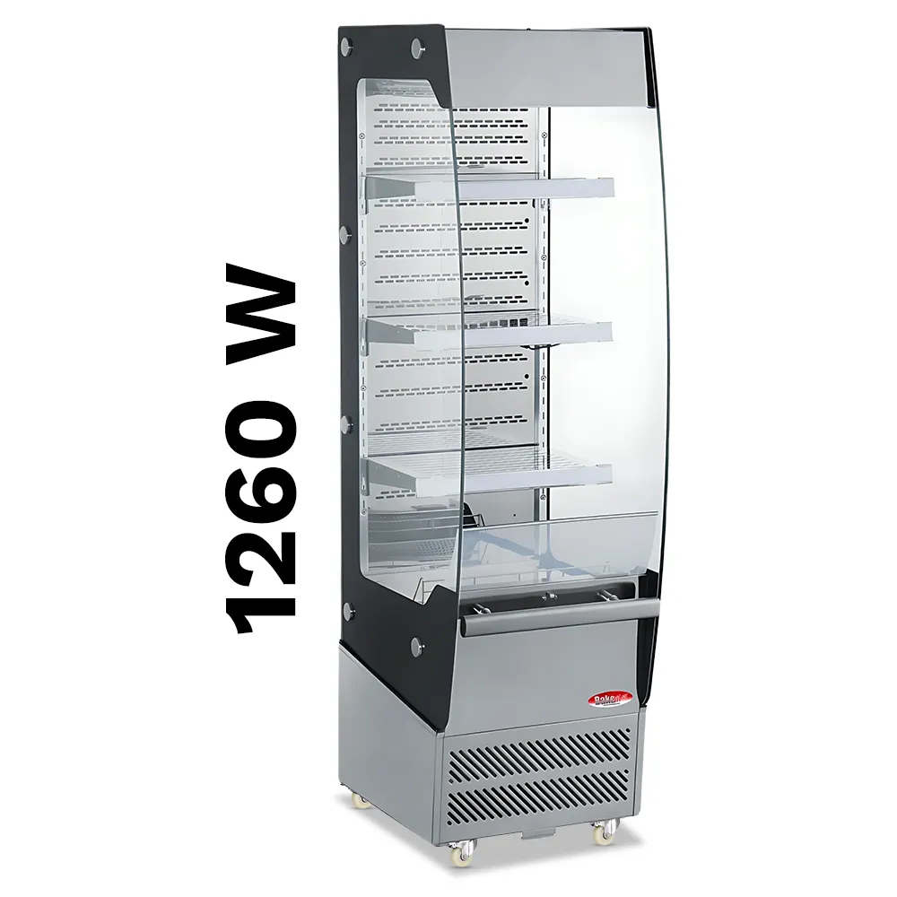 BakeMax 18-inch refrigerated floor display multiple shelves, designed for showcasing chilled food, drinks, and desserts in hotels or cafe