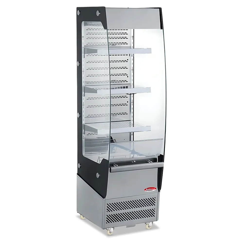 BakeMax 18-inch refrigerated floor display multiple shelves, designed for showcasing chilled food, drinks, and desserts in hotels or cafe