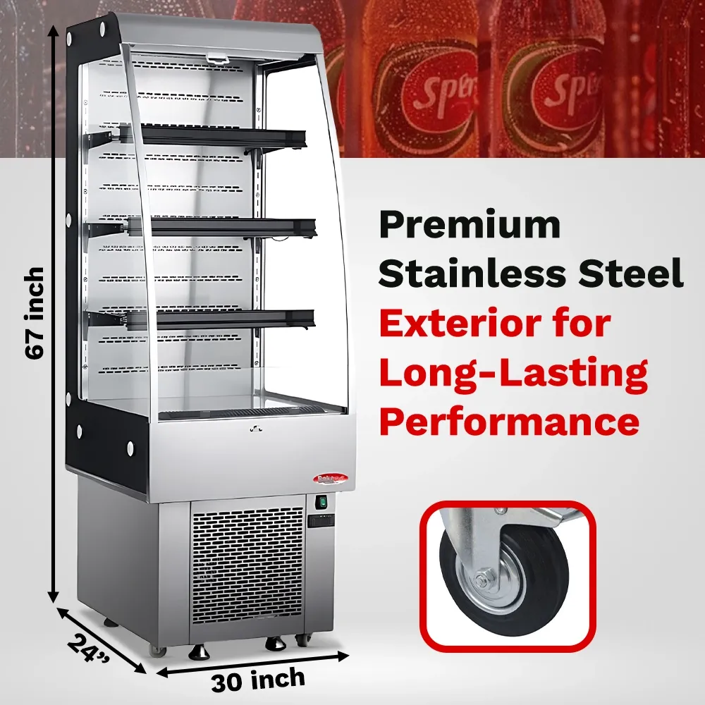 BakeMax refrigerated floor display with glass front and multiple shelves, designed for showcasing chilled food, drinks, and desserts in hotels or cafe