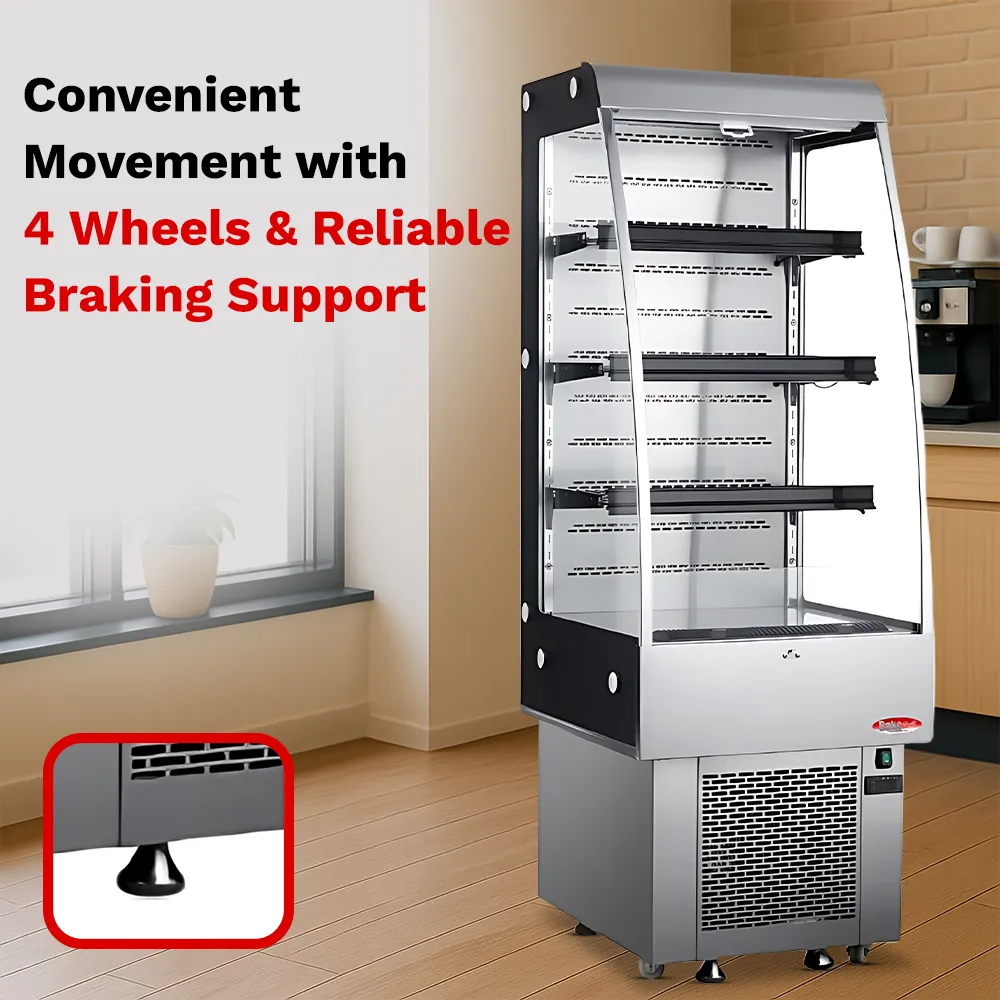 BakeMax refrigerated floor display with glass front and multiple shelves, designed for showcasing chilled food, drinks, and desserts in hotels or cafe
