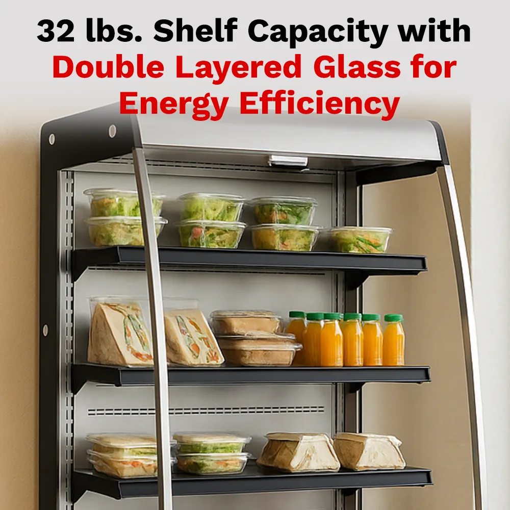 BakeMax refrigerated floor display with glass front and multiple shelves, designed for showcasing chilled food, drinks, and desserts in hotels or cafe