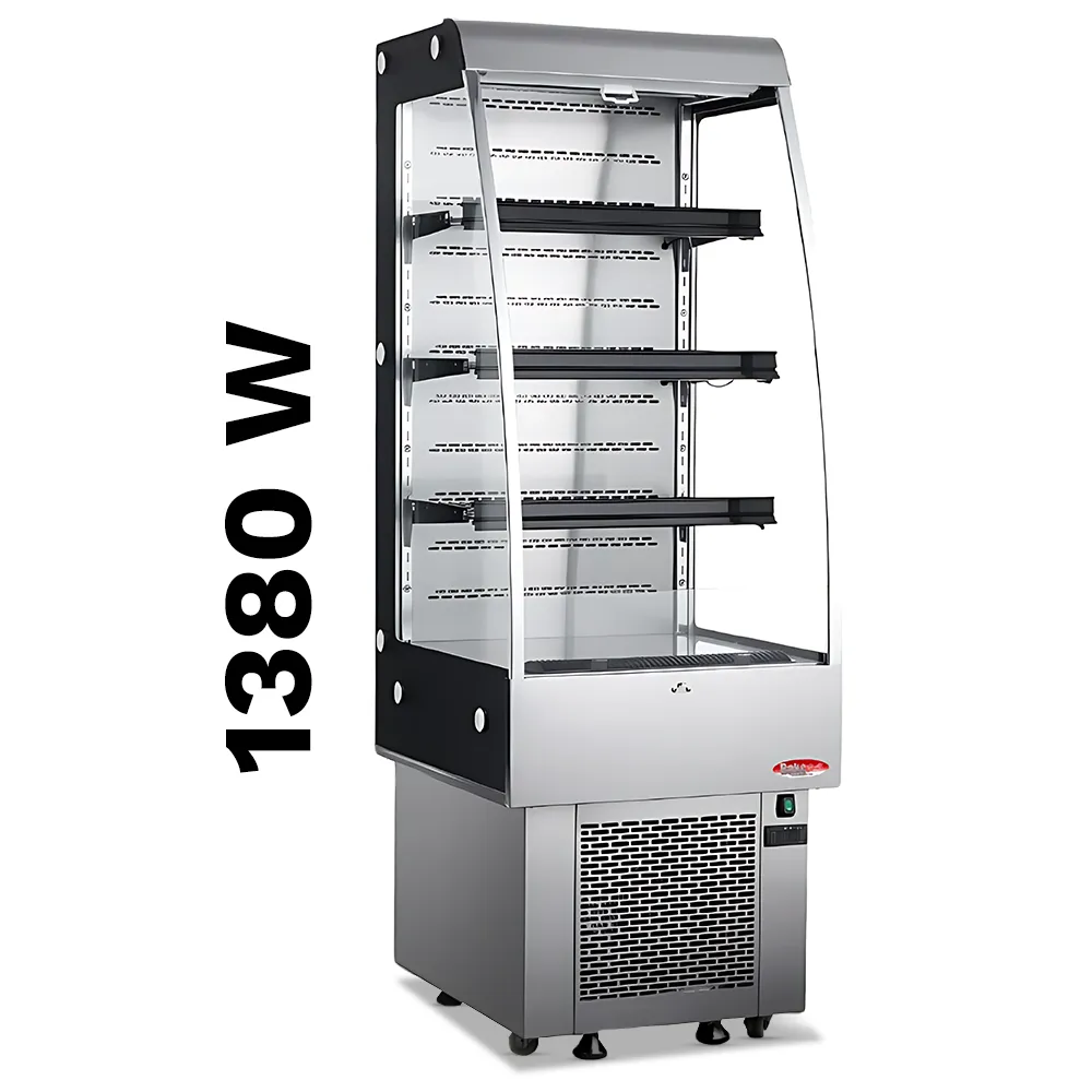 BakeMax refrigerated floor display with glass front and multiple shelves, designed for showcasing chilled food, drinks, and desserts in hotels or cafe