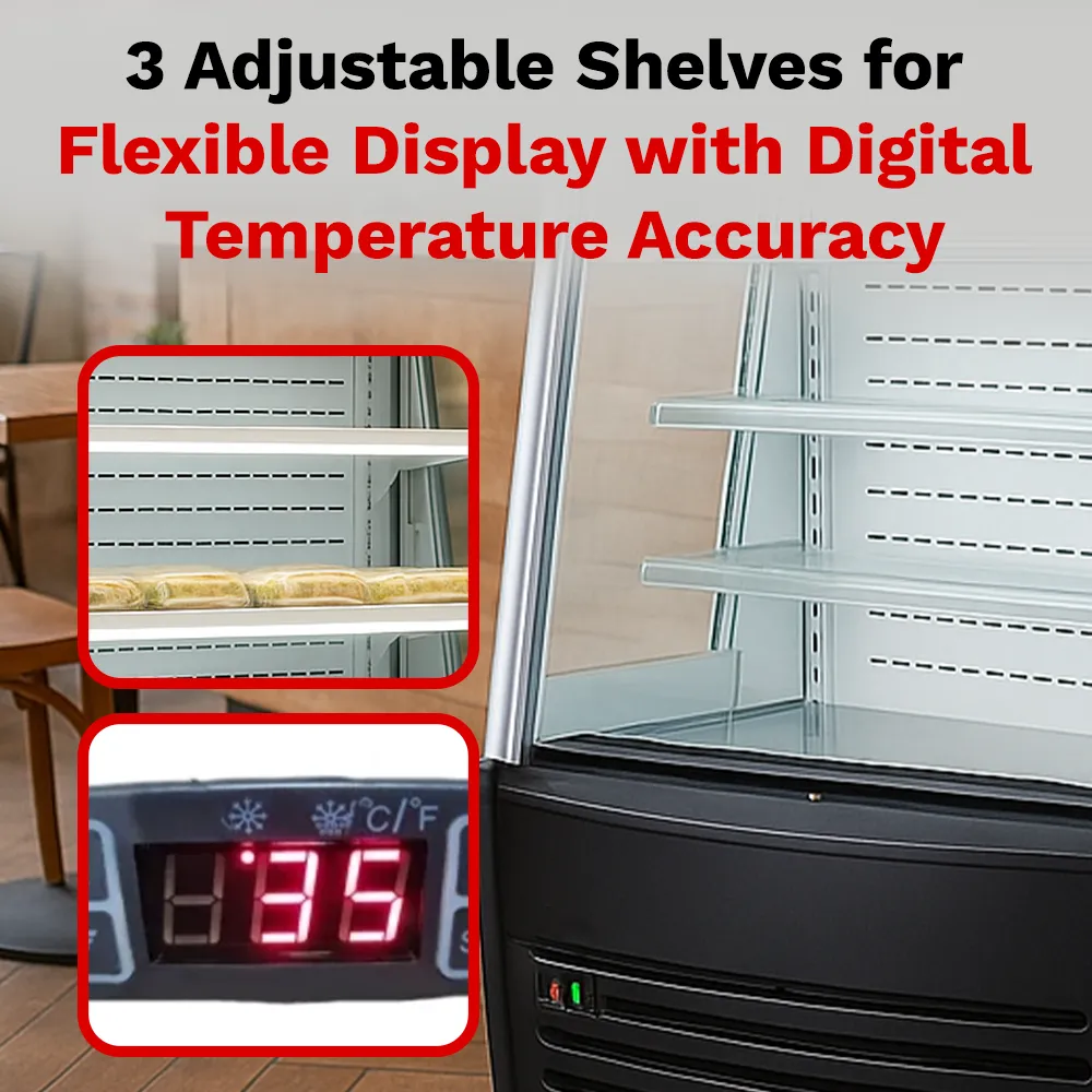 BakeMax refrigerated floor display with curved glass, thirty-six inches wide, showcases chilled food with LED lighting and auto defogging system.