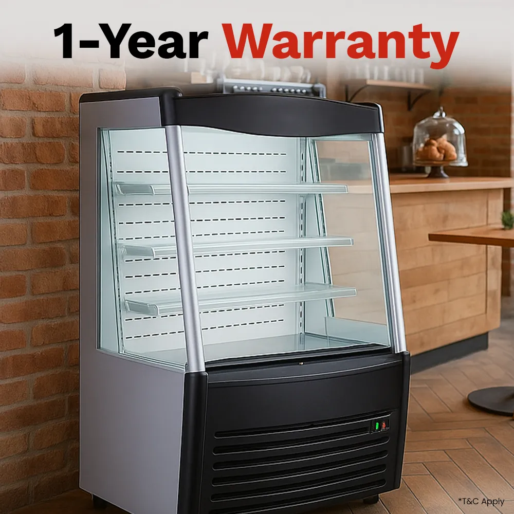 BakeMax refrigerated floor display with curved glass, thirty-six inches wide, showcases chilled food with LED lighting and auto defogging system.