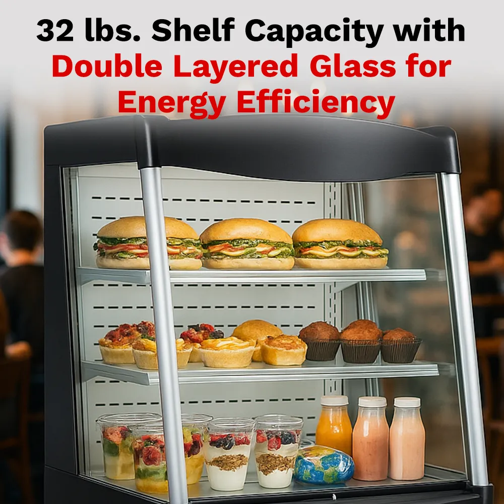 BakeMax refrigerated floor display with curved glass, thirty-six inches wide, showcases chilled food with LED lighting and auto defogging system.