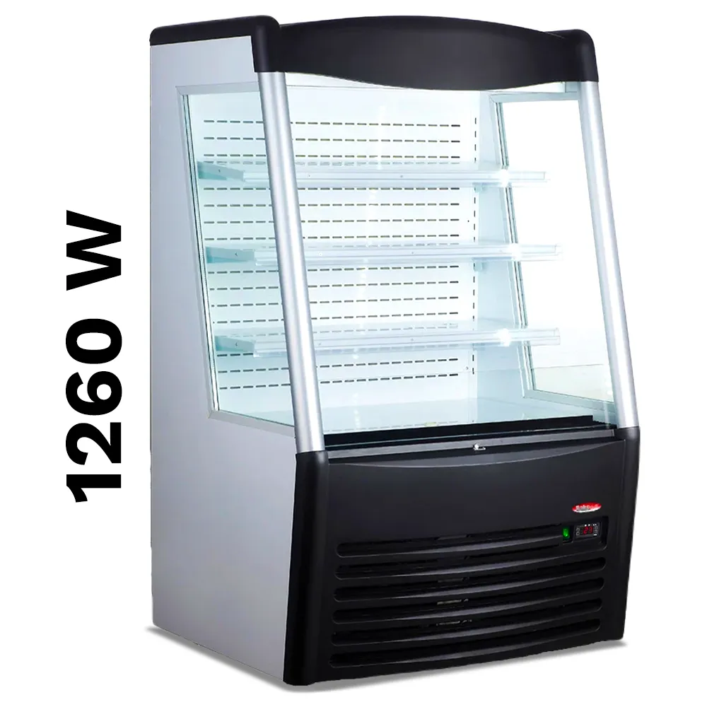 BakeMax refrigerated floor display with curved glass, thirty-six inches wide, showcases chilled food with LED lighting and auto defogging system.