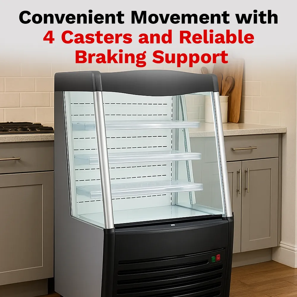 BakeMax refrigerated floor display with curved glass, thirty-six inches wide, showcases chilled food with LED lighting and auto defogging system.