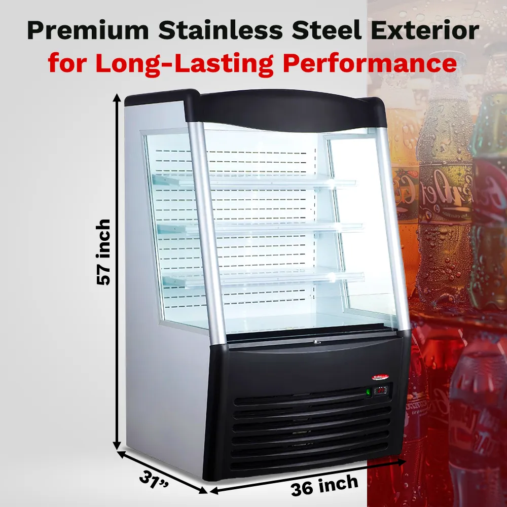 BakeMax refrigerated floor display with curved glass, thirty-six inches wide, showcases chilled food with LED lighting and auto defogging system.