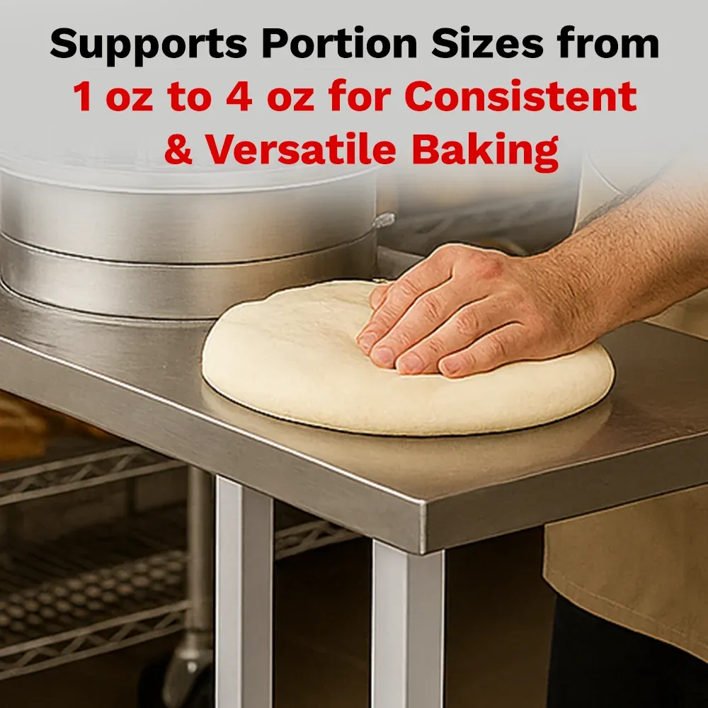 BakeMax BMHBD01 Titan Series manual hand bun dough divider with countertop stainless steel, manual press handle, and efficient bakery production use.