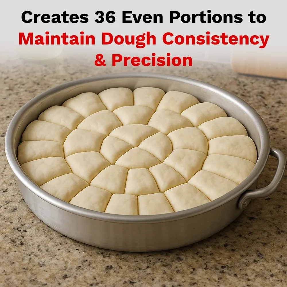 BakeMax BMHBD01 Titan Series manual hand bun dough divider with countertop stainless steel, manual press handle, and efficient bakery production use.