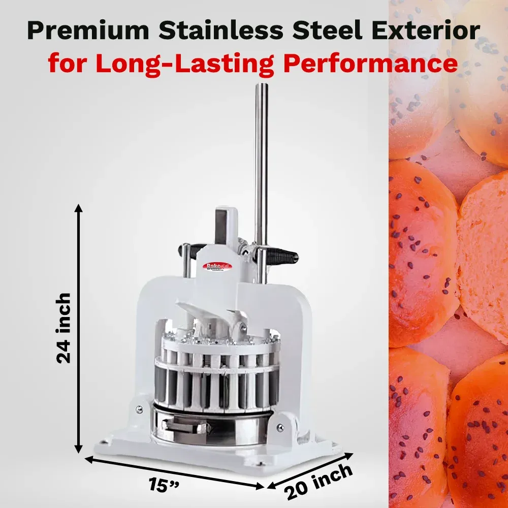 BakeMax BMHBD01 Titan Series manual hand bun dough divider with countertop stainless steel, manual press handle, and efficient bakery production use.
