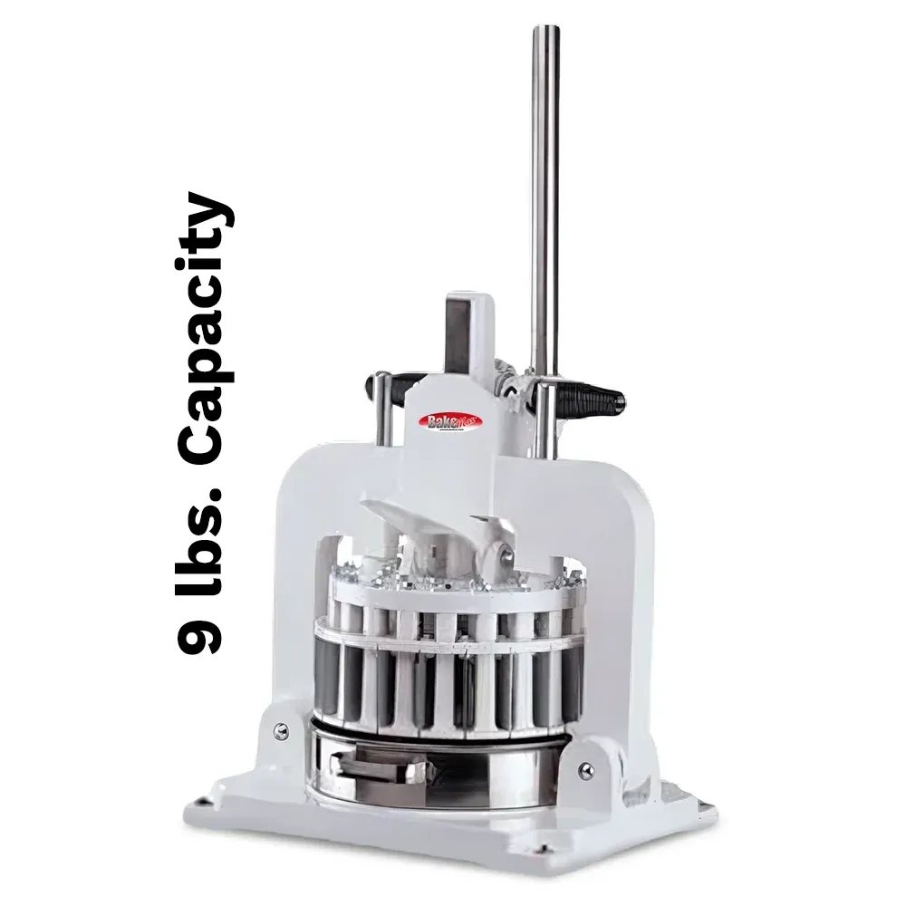 BakeMax BMHBD01 Titan Series manual hand bun dough divider with countertop stainless steel, manual press handle, and efficient bakery production use.