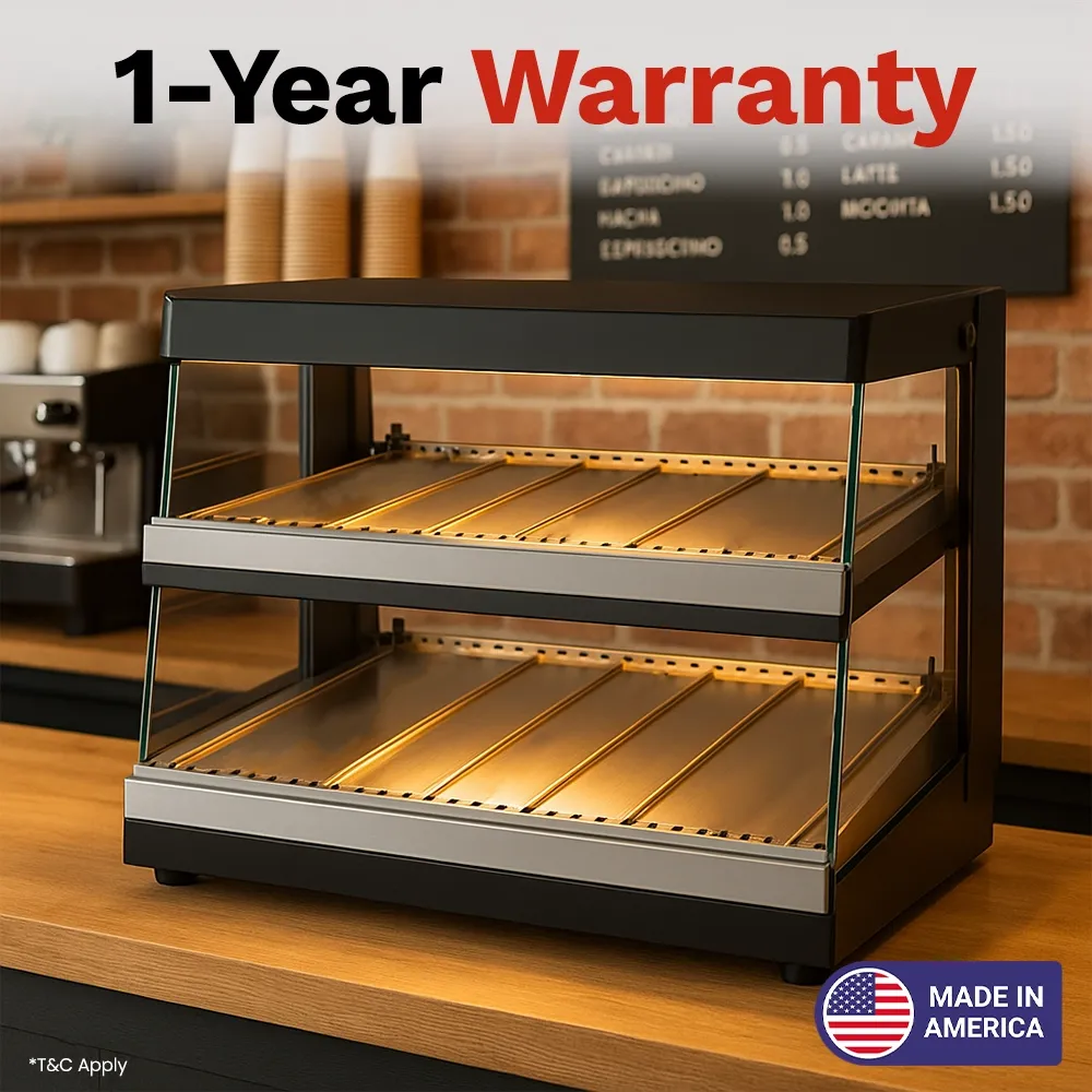 BakeMax BMHGG01 Titan Series heated countertop display case with stainless steel frame, glass doors, and warming shelves for bakery or food items.