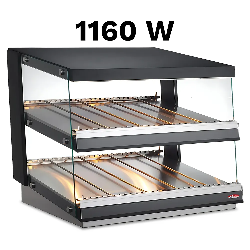 BakeMax BMHGG01 Titan Series heated countertop display case with stainless steel frame, glass doors, and warming shelves for bakery or food items.